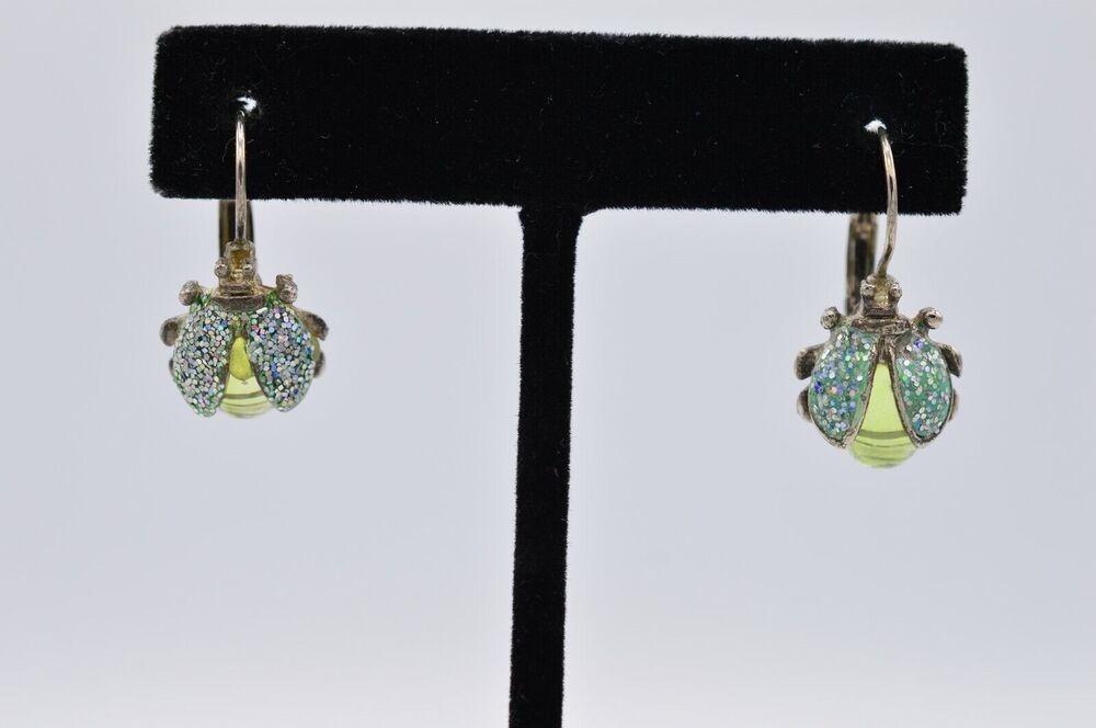 Vintage Earrings Jelly Cabochon Glitter Ladybug Dangle Shiny Statement 80s BinAB